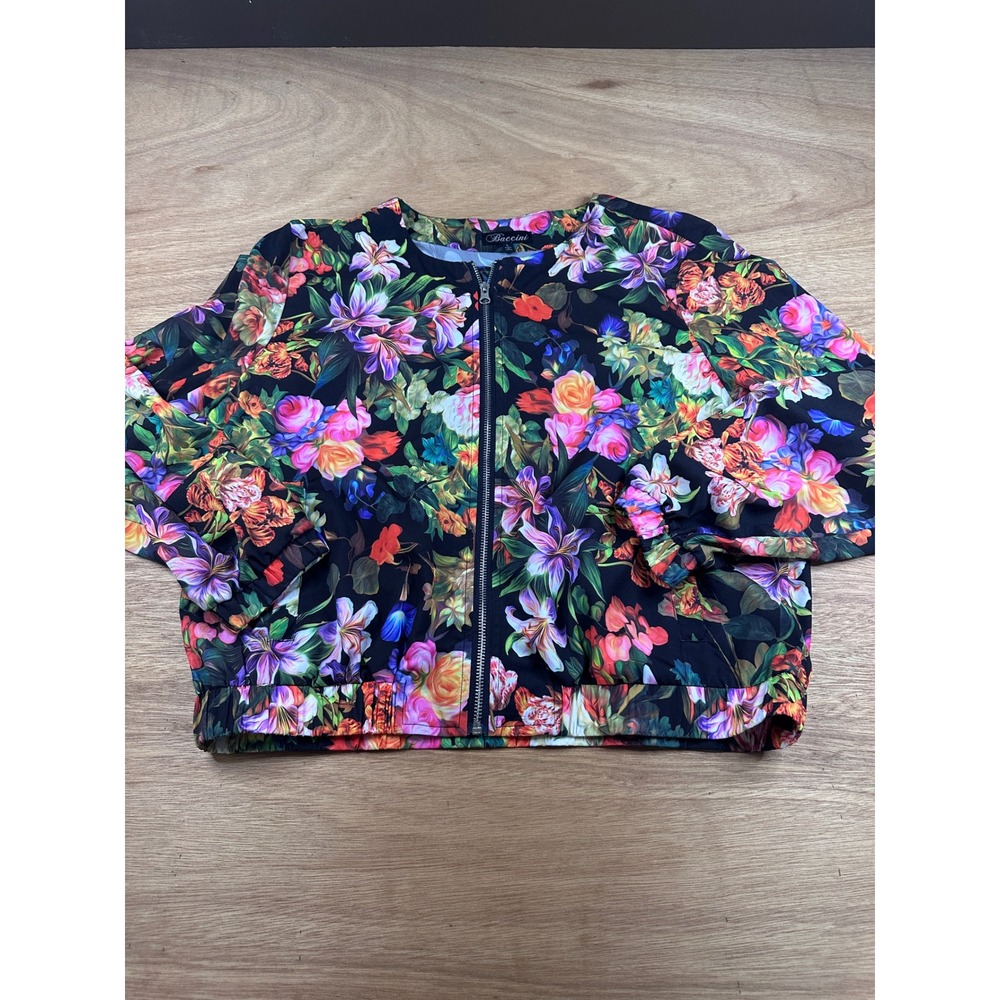 Baccini Y2K Inspired Floral Bomber Jacket Black Womens L Zip Front